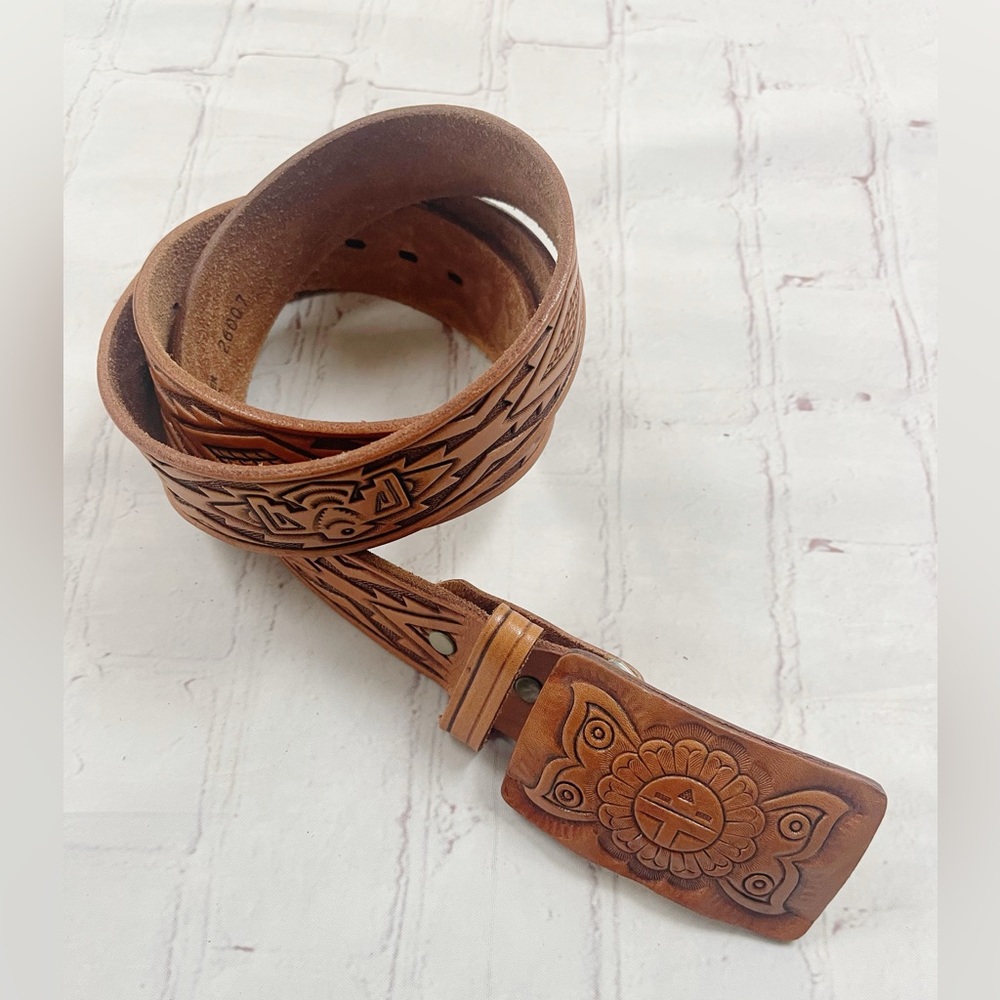 Vintage Aztec western Native American brown leather tooled belt 38-40
